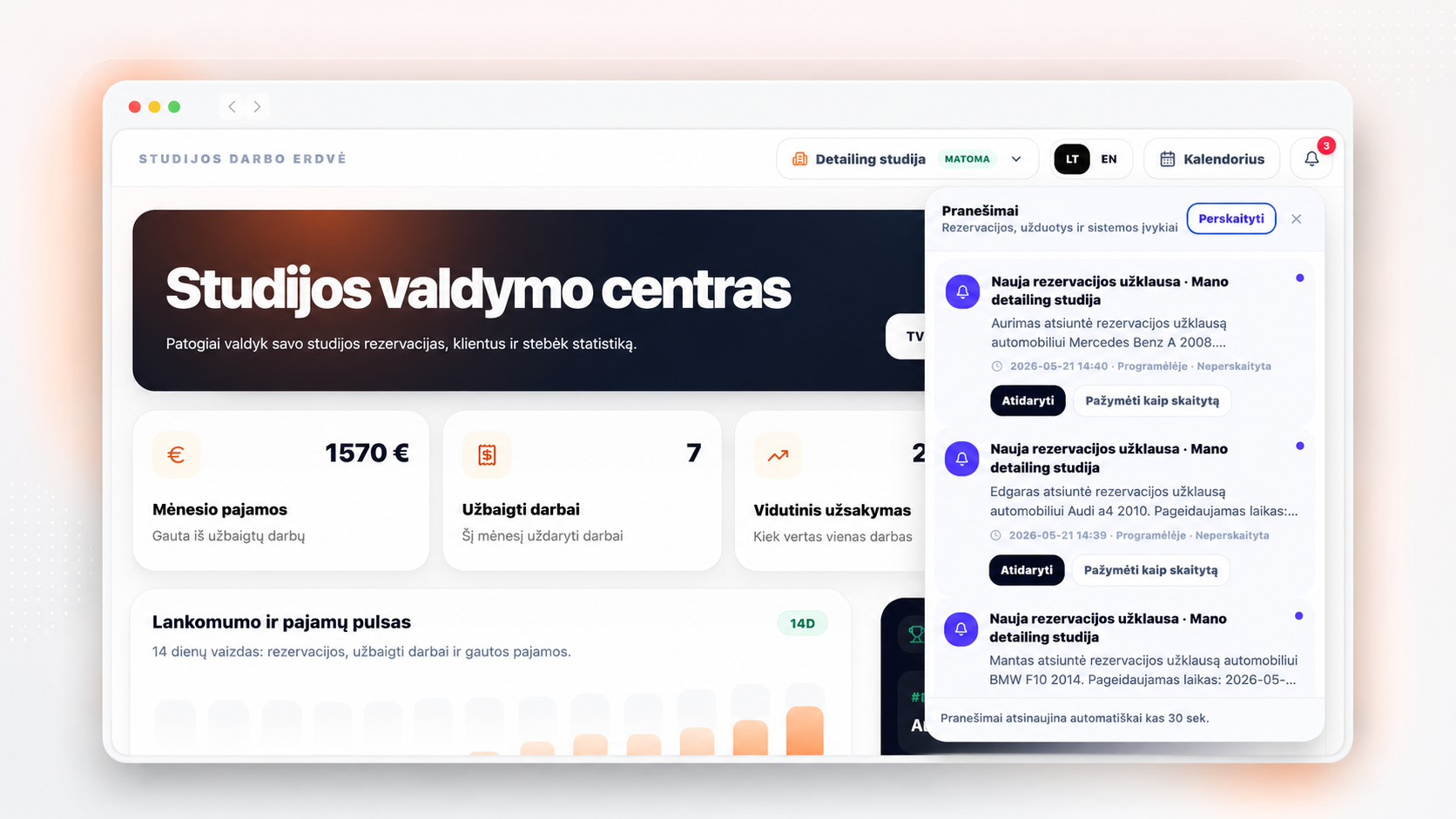 DetailingDesk pranešimų sistemos ekranas