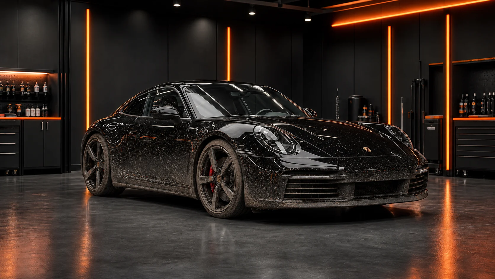 Juodo Porsche automobilio profesionalaus detailingo rezultatas Prieš